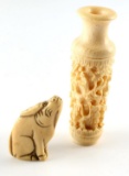 MEIJI PERIOD CARVED IVORY URN OKIMONO & NETSUKE