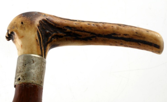 ANTIQUE WALKING STICK CANE WITH ANTLER HANDLE