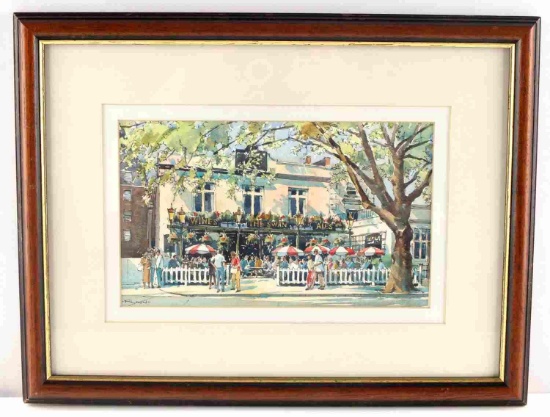 FLINN WATERCOLOR PAINTING OF CAFE STREET SCENE