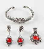 CAROLYN POLLACK RED CORAL DOUBLET SILVER SET