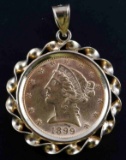 1899 $5 LIBERTY GOLD HALF EAGLE COIN 14KT PENDANT