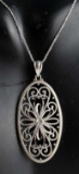 14 KT WHITE GOLD NECKLACE WITH FANCY SCOLL PENDANT