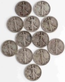 WALKING LIBERTY HALF DOLLAR LOT OF 12 TEEN TO 30'S