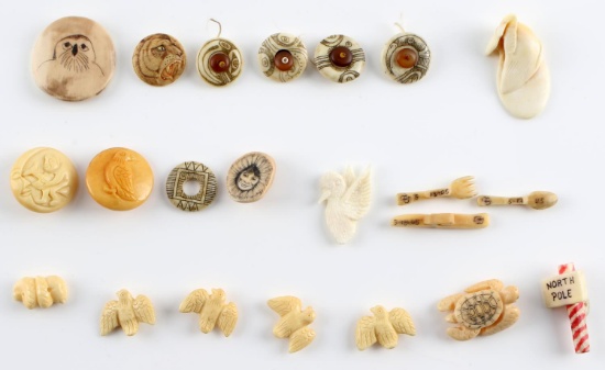 22 BONE INUIT NATIVE AMERICAN SCRIMSHAW BUTTON LOT