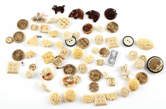 64 ANTIQUE & LATER CARVED BONE STAG BUTTON LOT