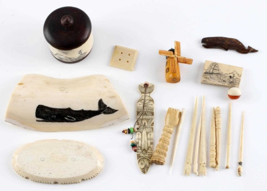 BONE WALRUS TUSK M.M. ROE SIGNED SCRIMSHAW LOT