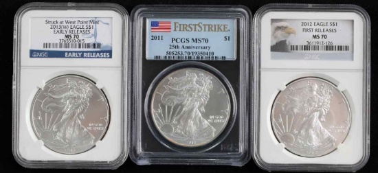 2011 2012 2013-W MS70 SILVER EAGLE 3 COIN LOT