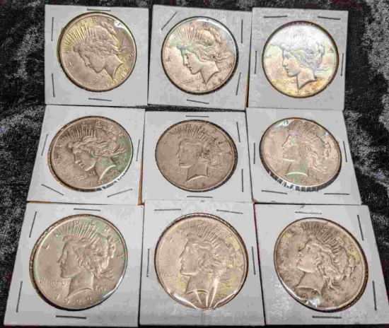 LOT OF 9 PEACE SILVER DOLLAR COINS