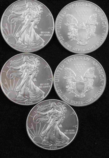 6 2008 SILVER AMERICAN EAGLE BU COIN LOT