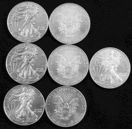 7  MIXED DATE SILVER AMERICAN EAGLE BU COIN LOT