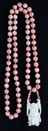 ANTIQUE ANGEL CORAL NECKLACE W  IVORY BUDDHA