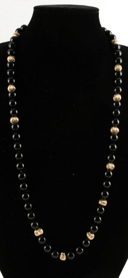 JET BLACK GLASS & 14 KT GOLD BEADED NECKLACE