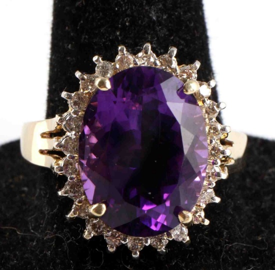 14KT GOLD RING 6CT AMETHYST W DIAMOND HALO