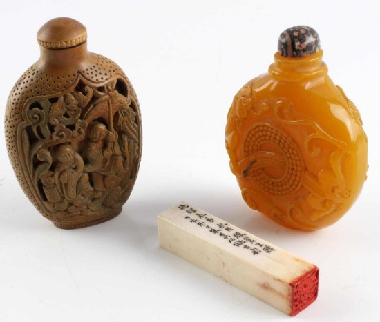 2 CARVED CHINESE SNUFF BOTTLES  AND WAX STAMP