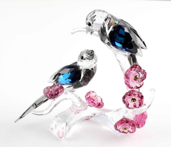 SWAROVSKI PARROT PAIR FIGURINE FLORAL CLEAR BASE