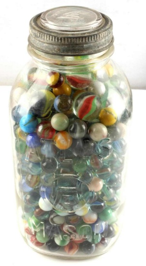 9 INCH ATLAS MASON JAR FULL OF ANTIQUE MARBLES