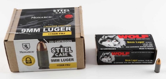 250 ROUNDS OF MONARCH & WOLF 9MM LUGER AMMUNITION