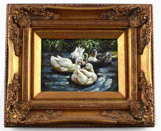 ANTIQUE OIL ON BOARD OF DUCKS IN A POND