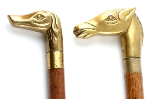 LOT OF 2 WOODEN AND BRASS CANE WALKING STICKS