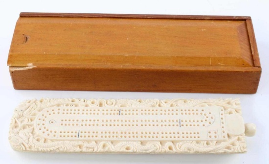 ANTIQUE IVORY CARVED DRAGON CRIBBAGE BOARD 7X2 IN