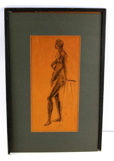 VINTAGE CHARCOAL PORTRAIT DRAWING OF NUDE WOMAN