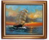 H ANDERSON NAUTICAL PAINTING CLIPPER SHIP SUNSET