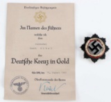 WWII THIRD REICH GERMAN CROSS IN GOLD W DOCUMENT