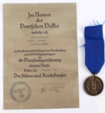 WWII GERMAN SS LONG SERVICE MEDAL AND DOCUMENT