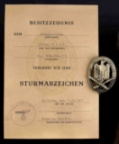 WWII GERMAN GENERAL ASSAULT BADGE W DOCUMENTS