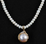 NECKLACE W MABE PEARL DIAMOND & 14KT GOLD PENDANT