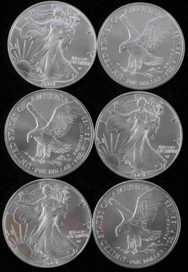 SIX  1 OZ  2021 AMERICAN SILVER EAGLE TYPE 2 COINS