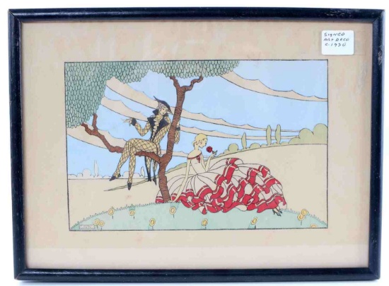 1930 COTETH GOUACHE ART DECO PAINTING IN FRAME