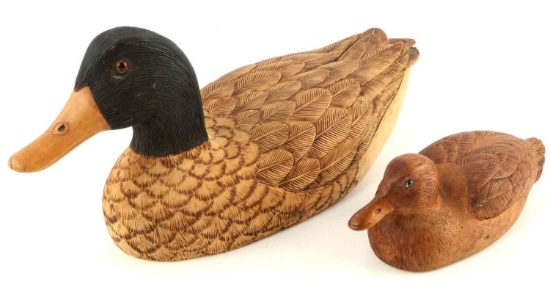 TWO HAND CARVED DUCK DECOY G. CALICO WOOD BURNED