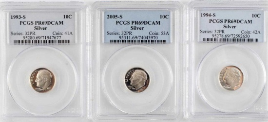 3 PCGS PR69DCAM SILVER DIMES 1993 1994 & 2005