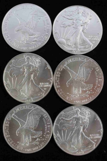 6  1 TROY OZ AMERICAN EAGLE SILVER DOLLAR COINS
