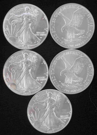 FIVE 1 OZ  2021 AMERICAN SILVER EAGLE TYPE 2 COINS