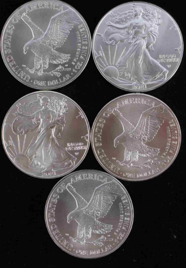 FIVE 1 OZ  2021 AMERICAN SILVER EAGLE TYPE 2 COINS