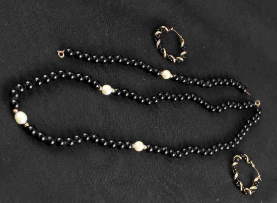 BLACK ONYX 14K AND PEARL NECKLACE EARRING BRACELET