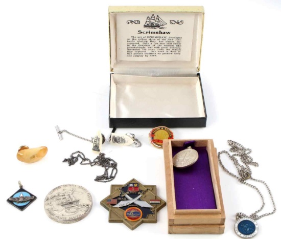 LOT OF 9 JAPANESE MARITIME MEDAL AND SCRIMSHAW PIN