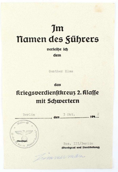 WWII GERMAN REICH SS MERIT CROSS AWARD DOCUMENT