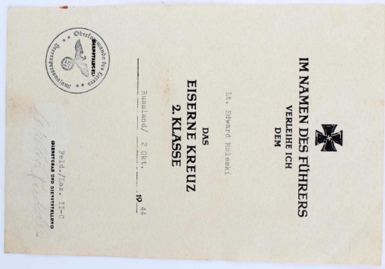 WWII GERMAN REICH IRON CROSS 2ND CLASS AWARD DOC