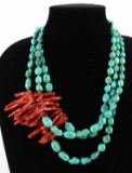 CORAL AND TURQUOISE 3 STRAND GRADUATED NECKLACE