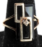 GEOMETRIC 10K YELLOW GOLD DIAMOND & ONYX RING