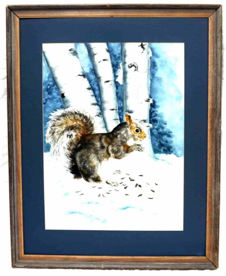 WATER COLOR PAINTING OF SQUIRREL IN WINTER SIGNED
