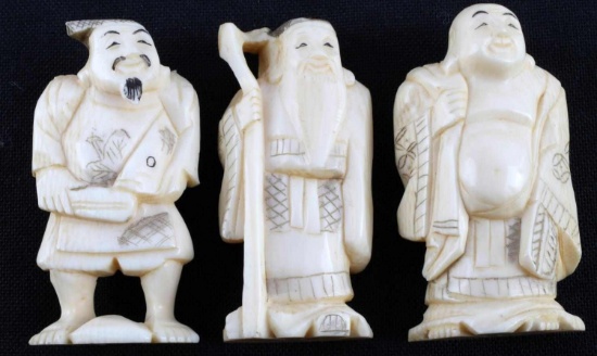 3 ANTIQUE SCULPTED IVORY JAPANESE LUCKY GODS