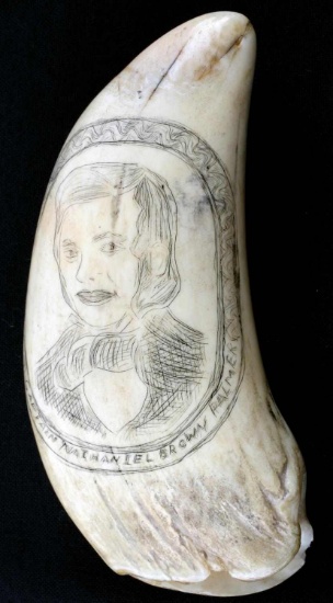 ANTIQUE WHALE TOOTH SCRIMSHAW CAPTAIN BROWN