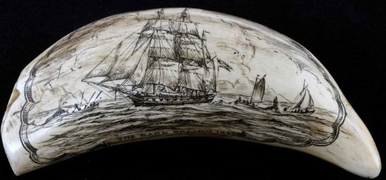 WHALE TOOTH SCRIMSHAW THE BARK BRAMIN 1845
