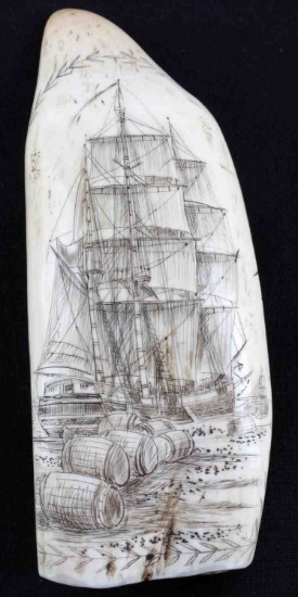 ANTIQUE WHALE TOOTH SCRIMSHAW WHALER AT DOCK