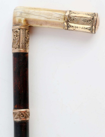 ANTIQUE DATED 1909 GOLD GRIP WALKING CANE STICK