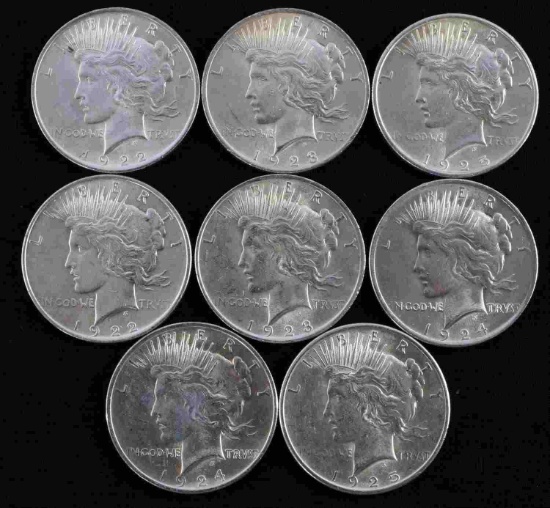 8 PEACE SILVER DOLLAR MS COINS BU 1922 TO 1925